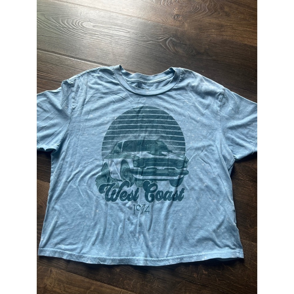 Rebellious One West Coast 1974 Graphic T-Shirt Blue Acid Wash Crop Top Medium